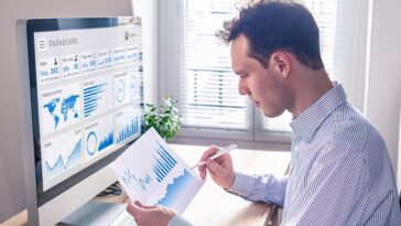Digital Marketing Analytics Technology With Metrics And Key Performance Indicators Dashboard On Computer Screen, Person Analyzing Data Chart And Advertisement Campaign Strategy In Office